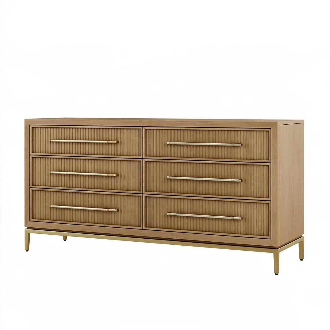 Kommode 150 x 45 x 85 cm in Naturholzoptik mit 6 Schubladen geriffelter Front