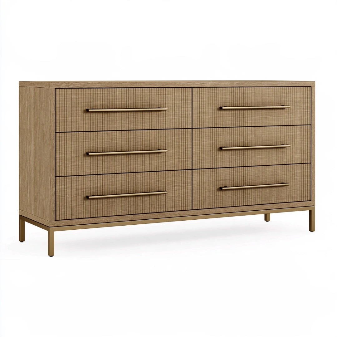 Kommode 150 x 45 x 85 cm in Eichenoptik mit sechs Schubladen und Metallgestell