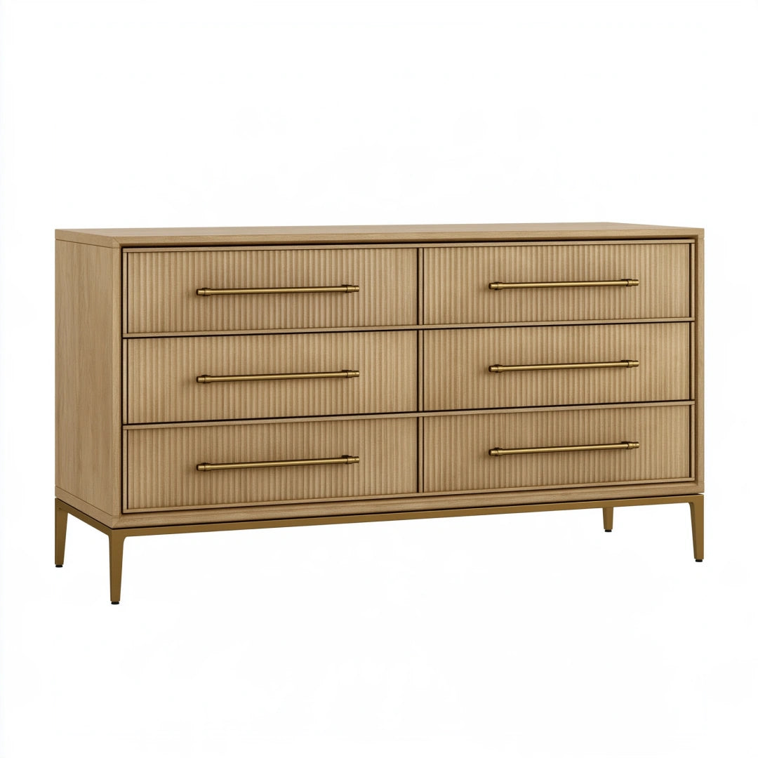 Kommode 150 x 45 x 85 cm Holzoptik Beige mit Metallgestell und 6 Schubladen