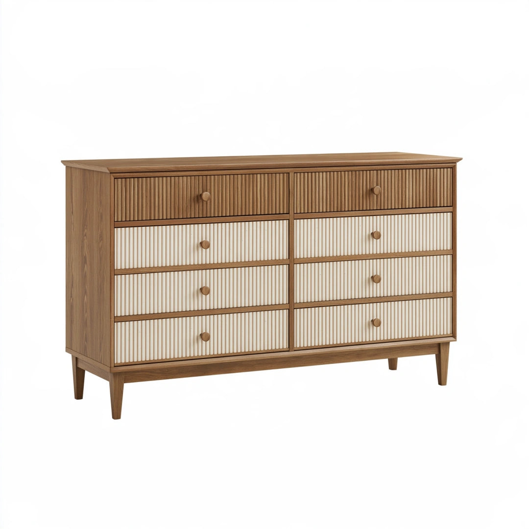 Kommode 140 x 45 x 90 cm Holz Walnussbraun/Creme mit 8 Schubladen im Mid-Century-Stil