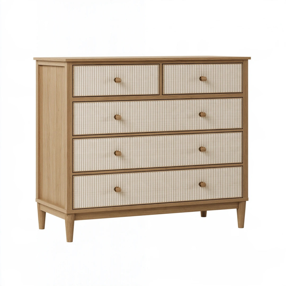 Kommode 120 x 45 x 110 cm aus Holz in Natur mit Rattanoptik und 6 Schubladen
