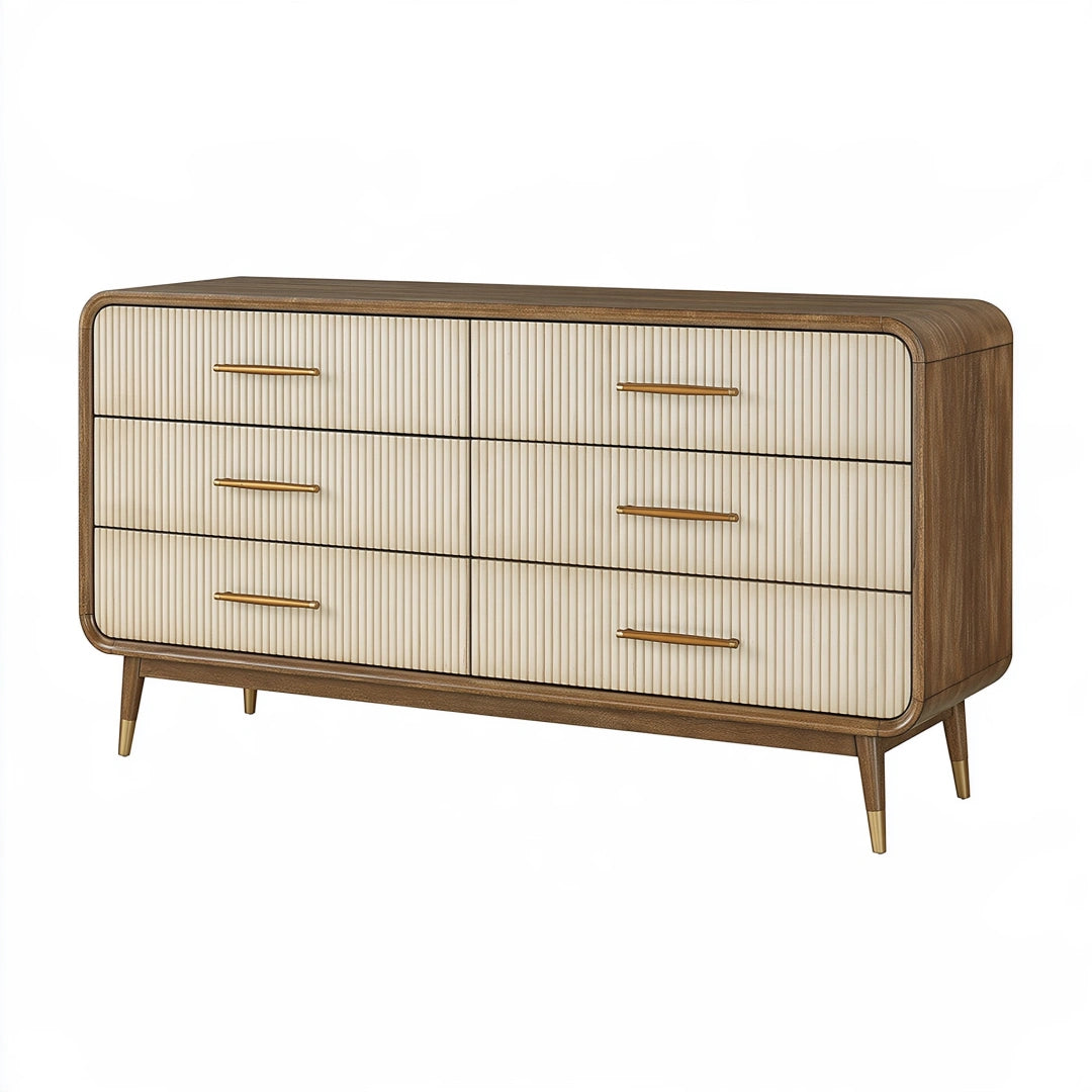 Kommode 160 x 45 x 85 cm aus Holz in Braun Creme mit 6 Schubladen im Retro Stil