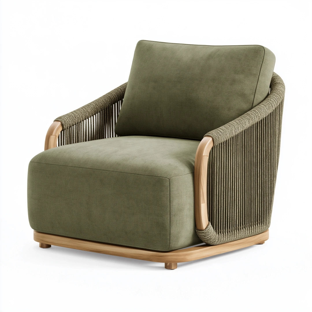 Sessel 90 x 82 x 83 cm Olivgrün Stoff Holz Seilgeflecht Loungestil