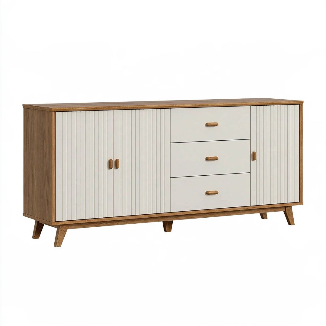 Sideboard 160 x 40 x 80 cm Holzwerkstoff Braun Creme mit Lamellentüren im Mid-Century-Stil