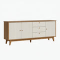 Sideboard 180 cm Holz Naturbraun Weiß mit Rillenfronten und Schubladen im Mid-Century-Stil