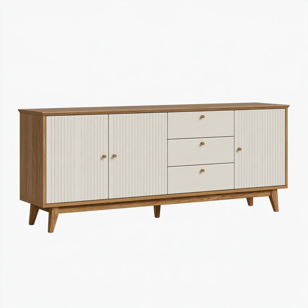 Sideboard 180 cm Holz Naturbraun Weiß mit Rillenfronten und Schubladen im Mid-Century-Stil