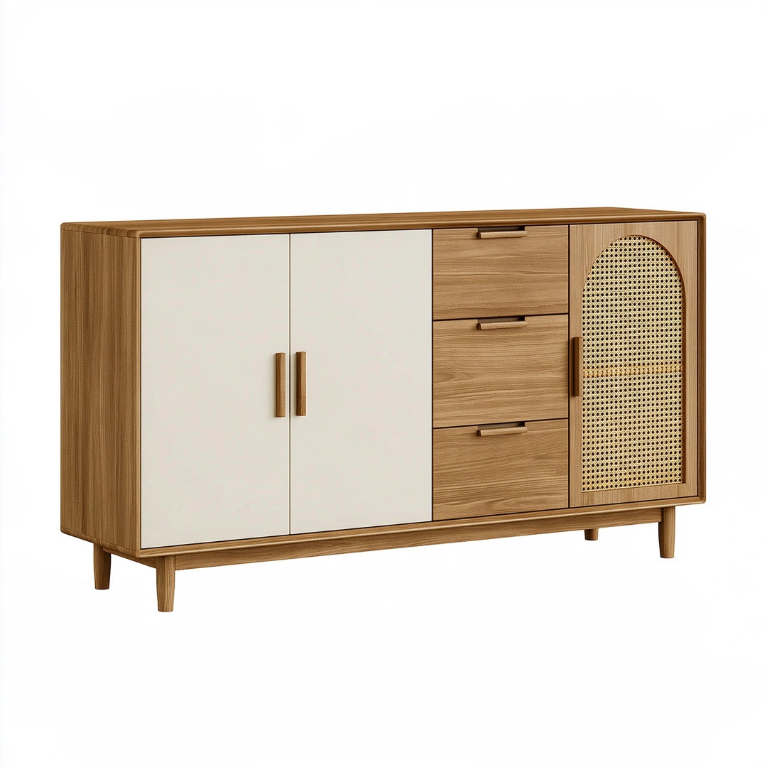 Sideboard 160 x 40 x 85 cm Holz Naturweiß mit Rattangeflecht Mid Century Aufbewahrung