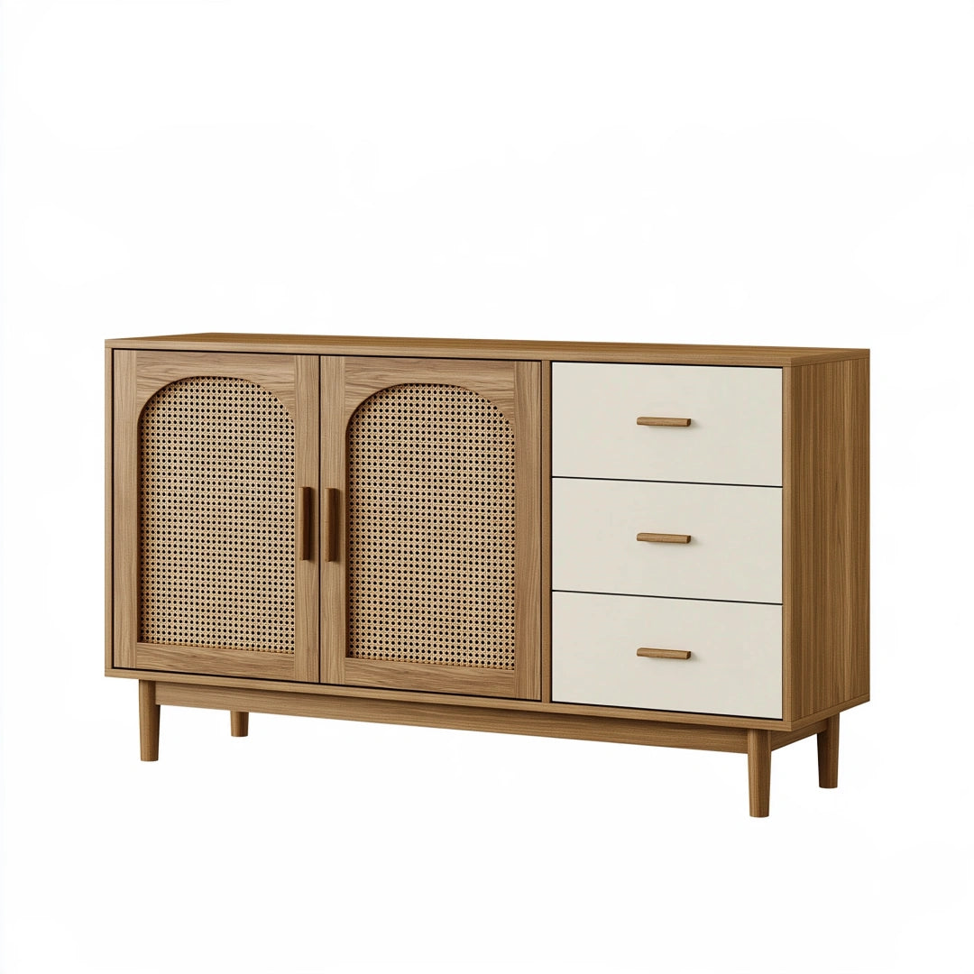 Sideboard 150 x 40 x 85 cm Holzoptik Beige mit Rattangeflecht und 3 Schubladen im Retro-Stil