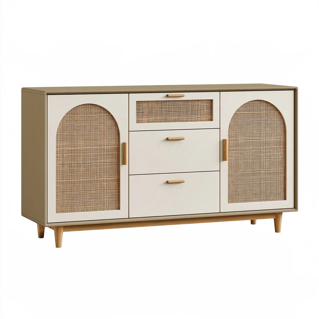Sideboard 120 x 40 x 80 cm aus Holz in Creme/Natur mit Rattangeflecht im Retro-Stil