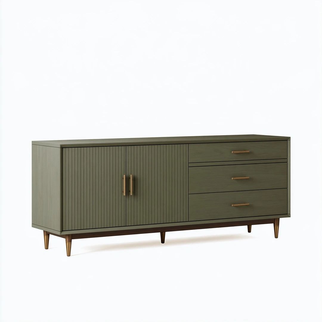 Sideboard 160 cm Holz Olivgrün mit 3 Schubladen und 2 Türen im Mid-Century-Stil