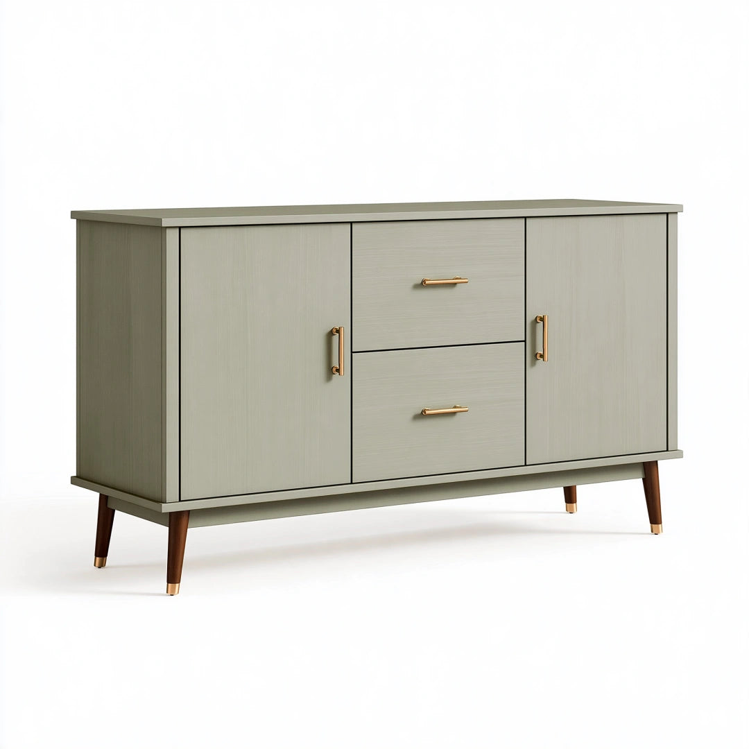 Sideboard 160x40x90 cm Holzwerkstoff Graugrün mit Schubladen und Türen Mid-Century-Stil