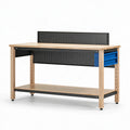 Werkbank 120 x 60 x 150 cm aus Holz und Stahl in Natur Schwarz Blau mit Lochwand und Ablage
