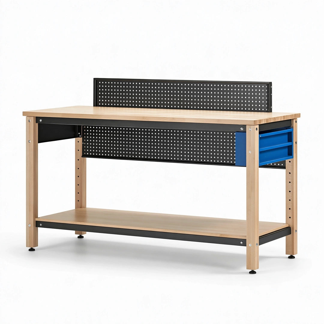 Werkbank 120 x 60 x 150 cm aus Holz und Stahl in Natur Schwarz Blau mit Lochwand und Ablage