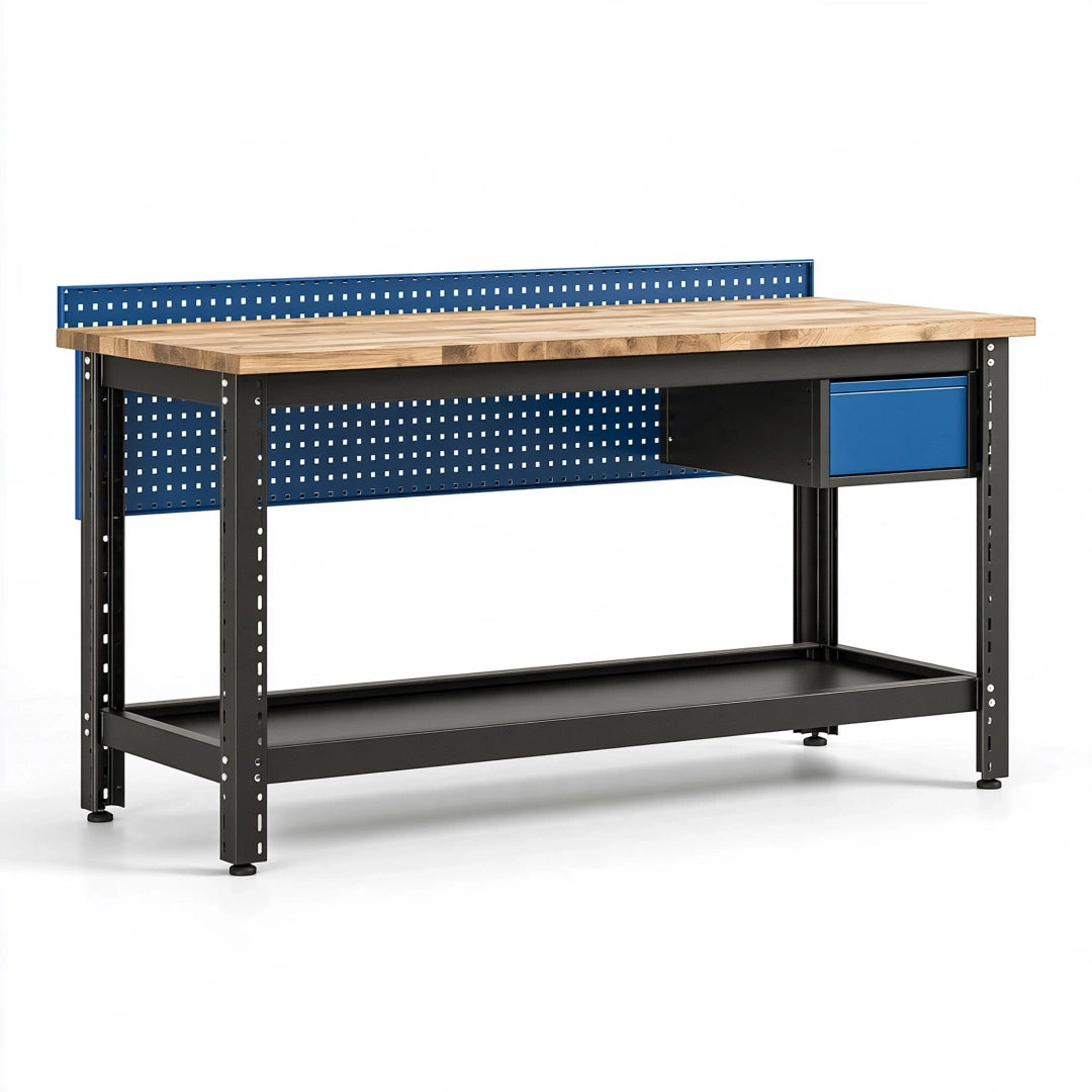 Werkbank 160 x 70 x 90 cm mit Holzarbeitsplatte Schwarz Blau im Industrie-Stil
