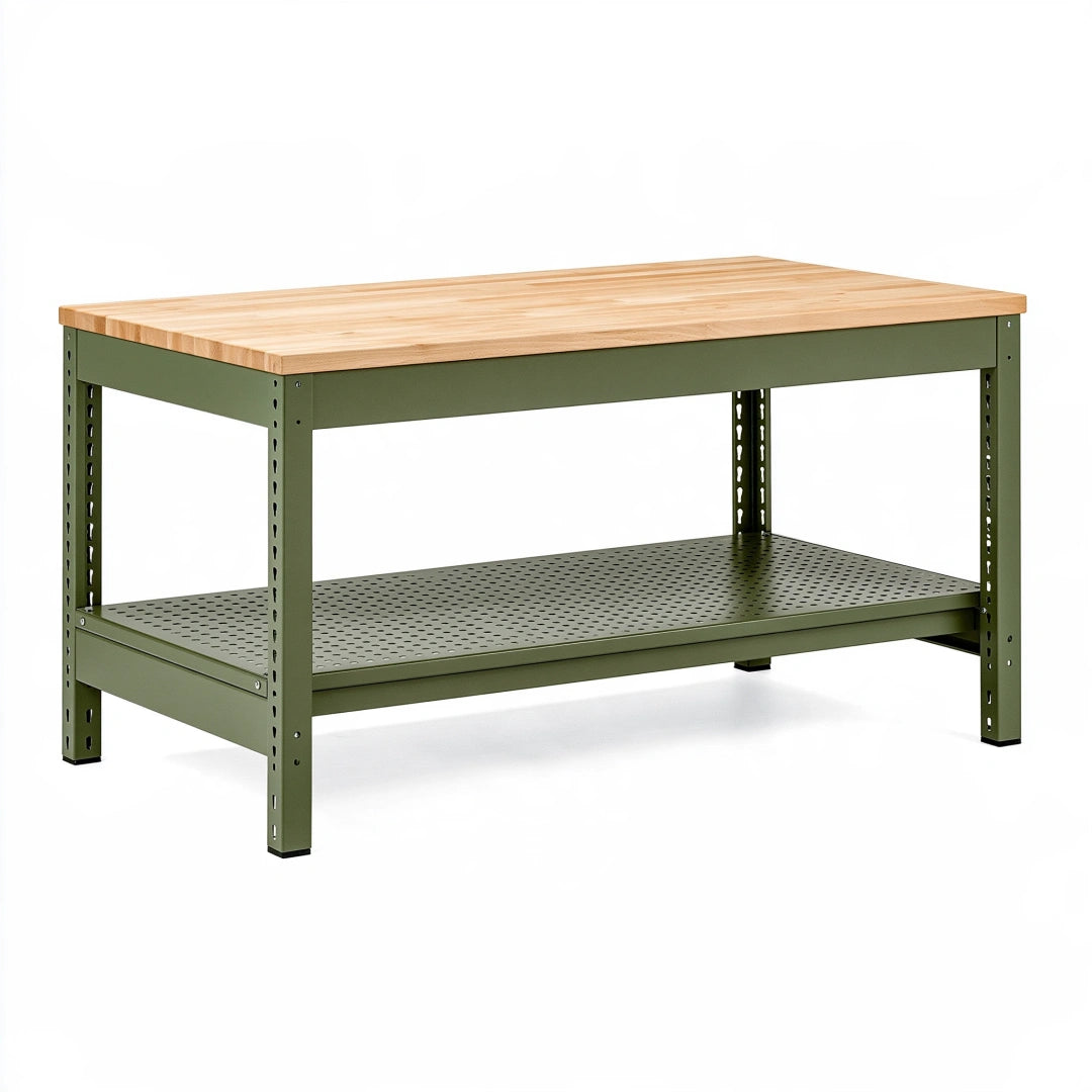 Werkbank 120 x 60 x 85 cm mit Holzplatte und Stahlgestell Grün Industriestil
