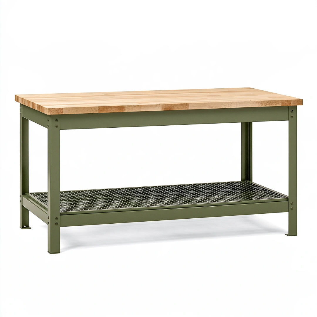 Werkbank 120 x 60 x 90 cm mit Massivholzplatte und Metallablage in Grün Industrie-Stil