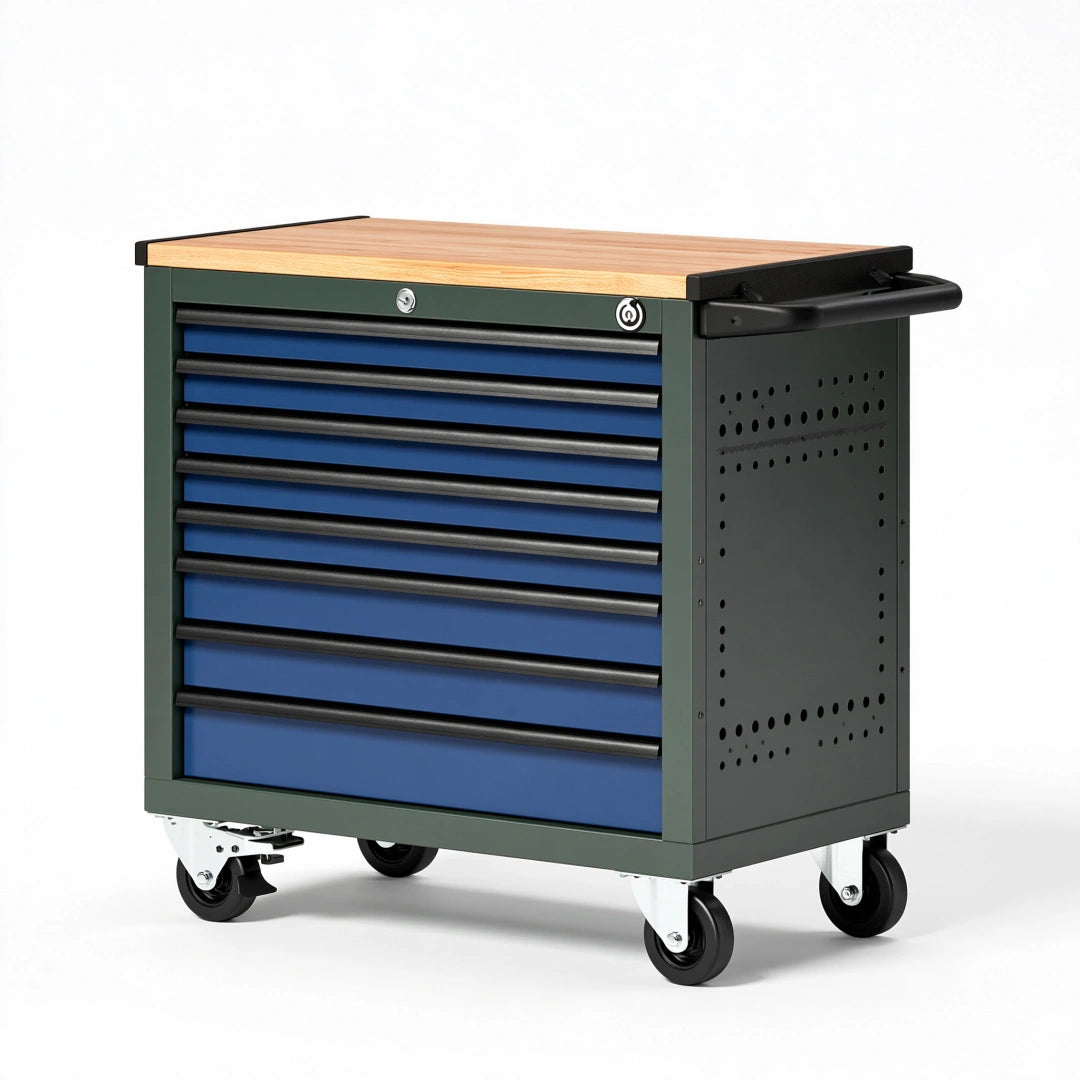 Werkstattwagen 77 x 46 x 97 cm aus Stahl und Holz Blau Grün mit 7 Schubladen und Rollen