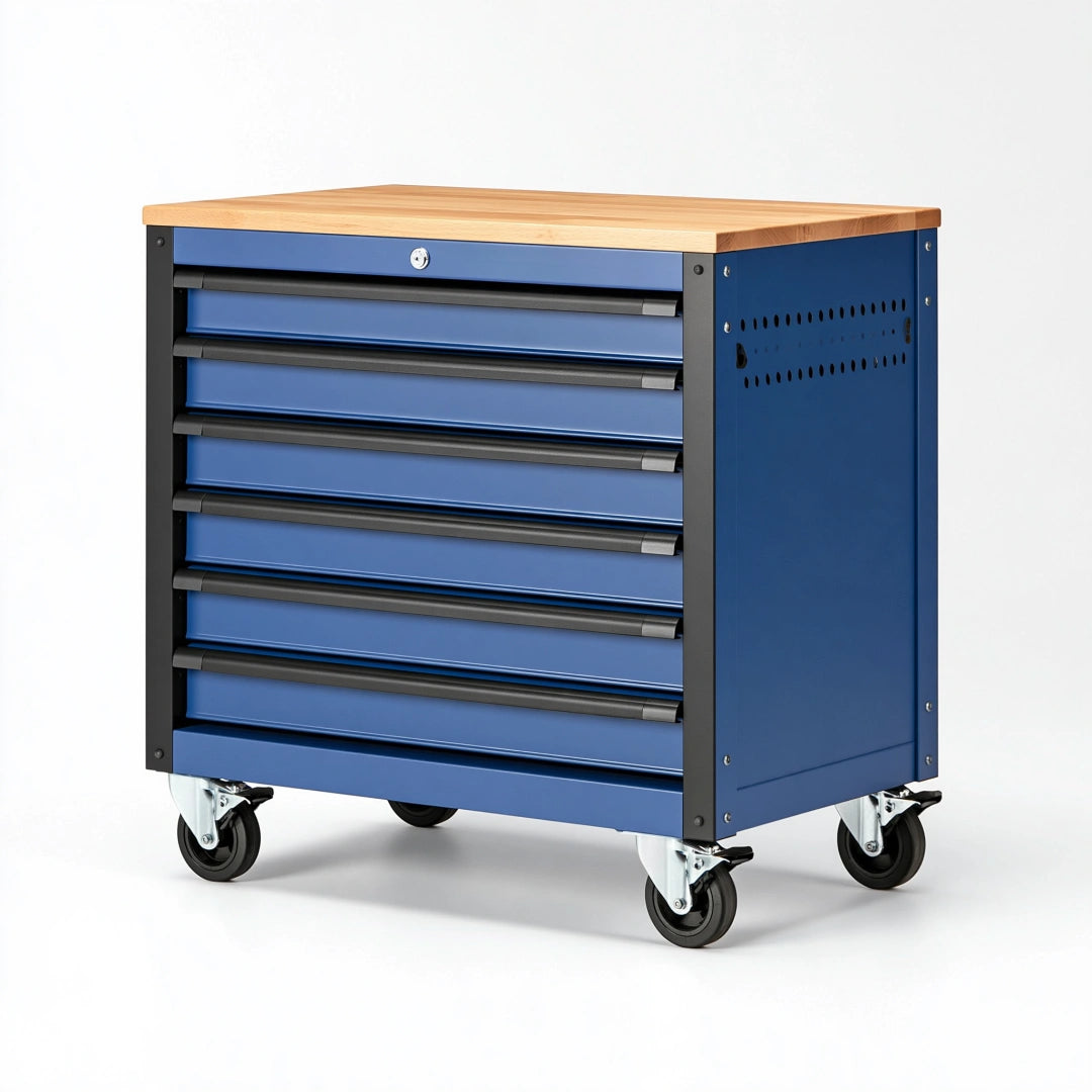 Werkzeugwagen 77 x 46 x 97 cm aus Stahl Blau mit Holzplatte und 7 Schubladen