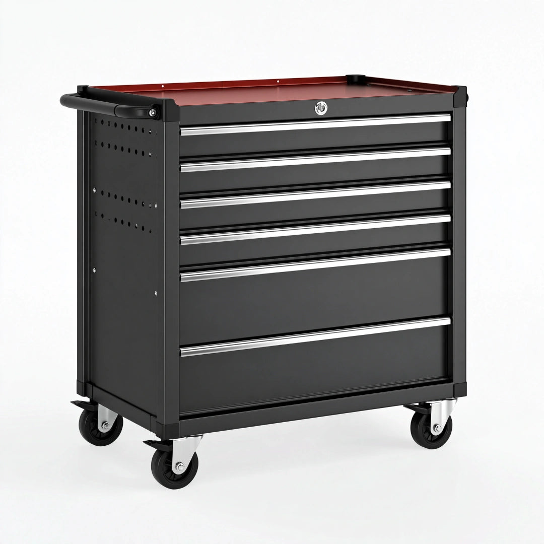 Werkzeugwagen 80 x 46 x 97 cm aus Stahl schwarz rot mit 6 Schubladen abschließbar
