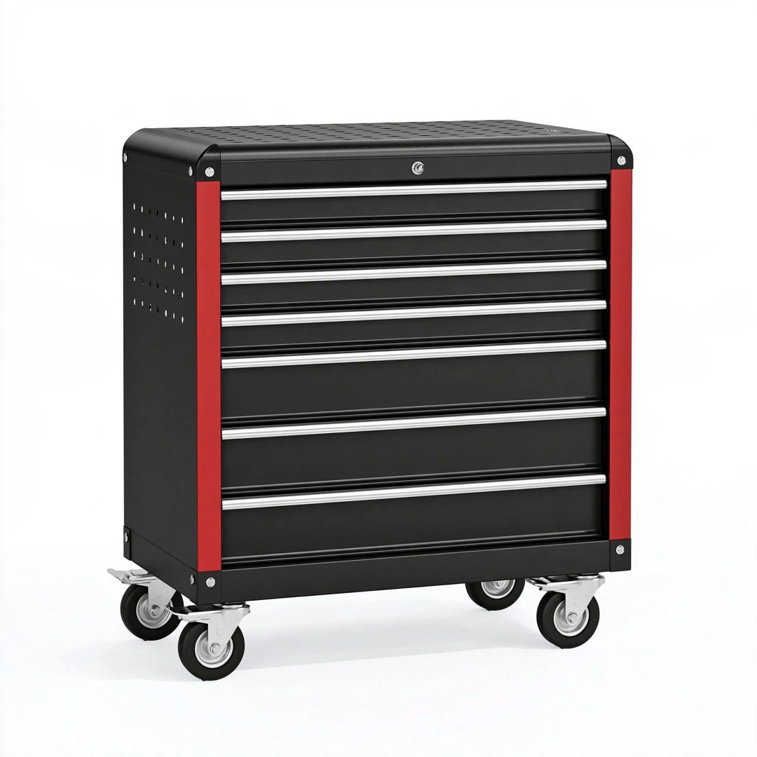 Werkzeugwagen 76 x 46 x 98 cm aus Stahl Schwarz Rot mit 7 Schubladen und Rollen